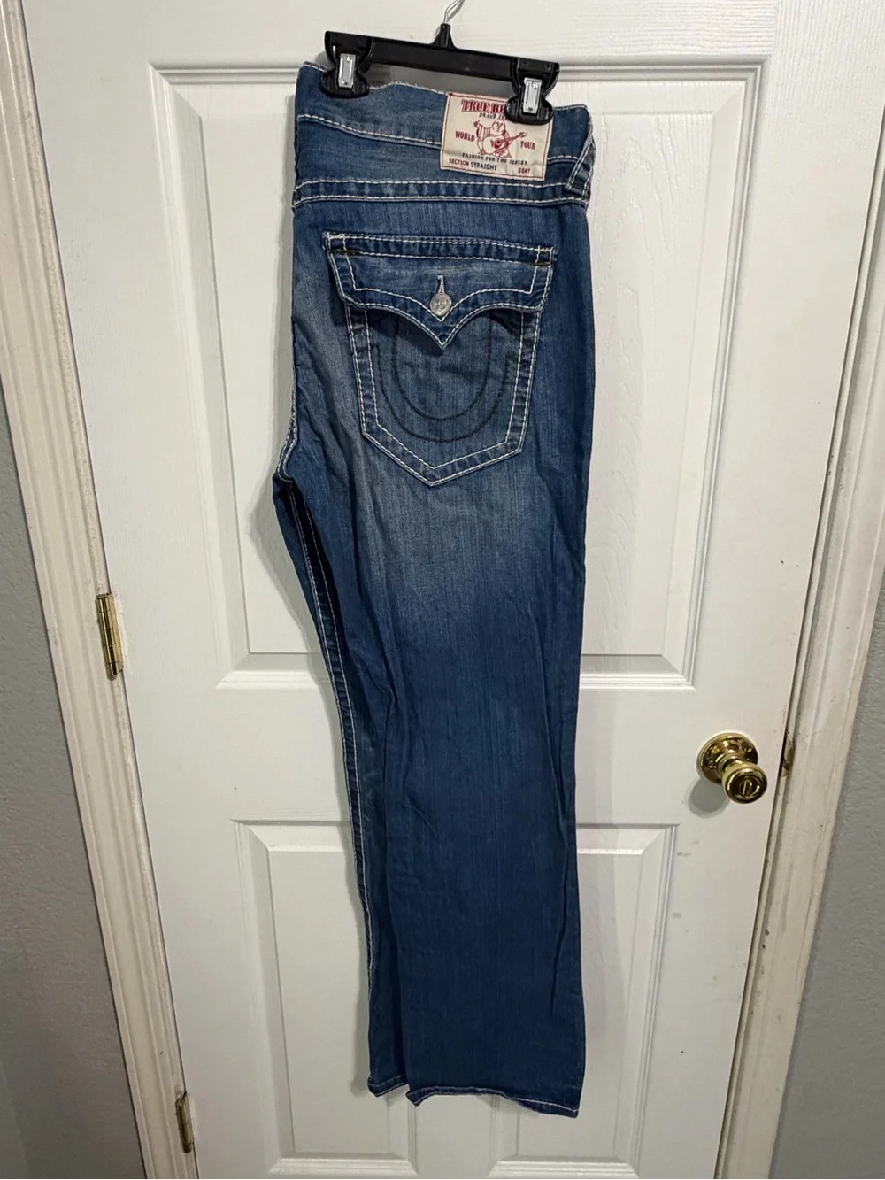 True Religion Men’s Straight Jeans in Medium Blue Denim
